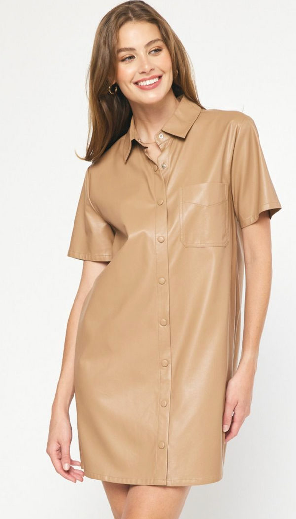 Faux Leather Button Down Shirt Dress - Camel
