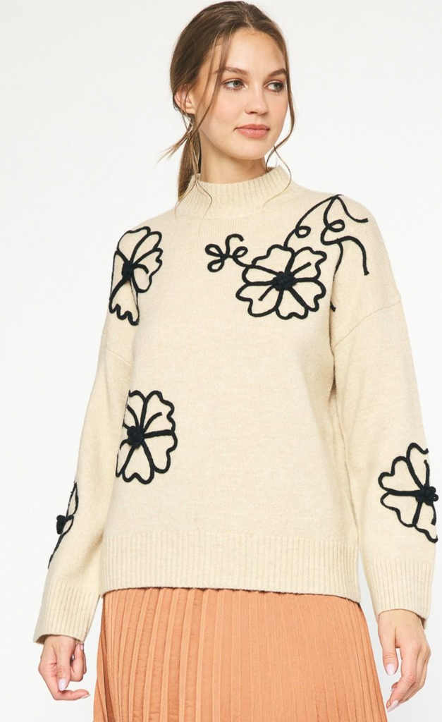 lovely Lined Florals Sweater - Natural