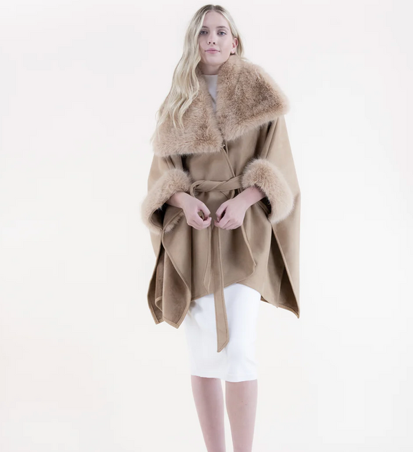 Tan Suede Belted Cape with Fur Collar and Cuffs