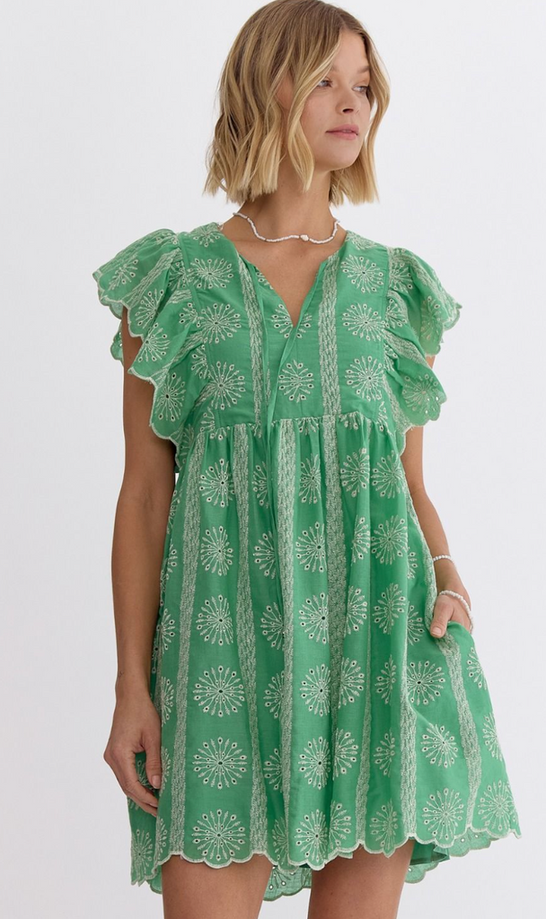 Apple Green Ruffle Sleeve Eyelet Dress