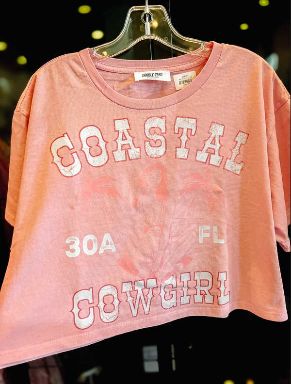 Pastel Retro Coastal Cowgirl Super Crop Tee - Pink