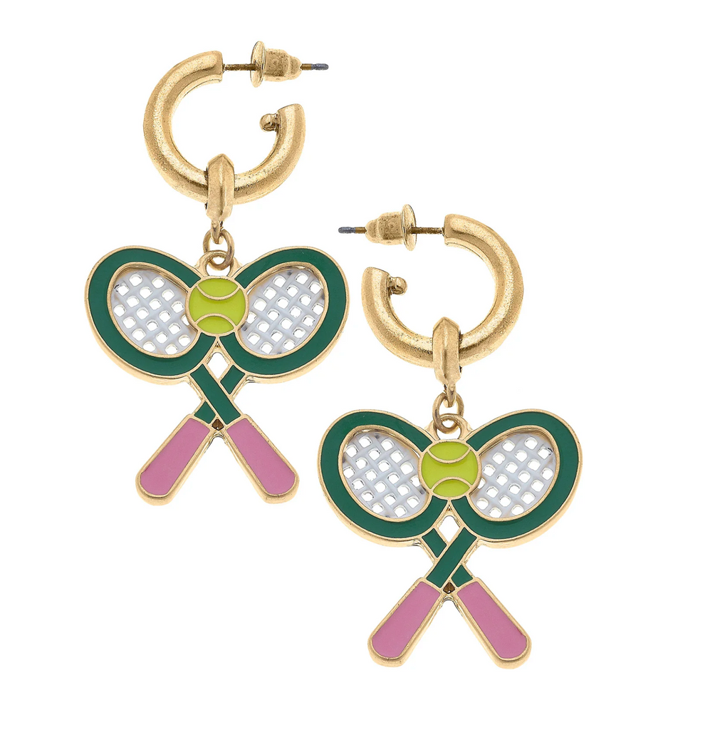 Sloan Tennis Raquet Enamel Drop Hoop Earrings - Pink/Green
