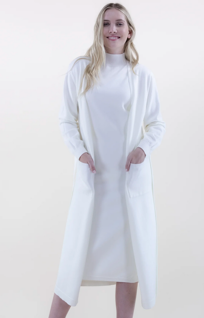 Belted Duster Cardigan With Pockets - White