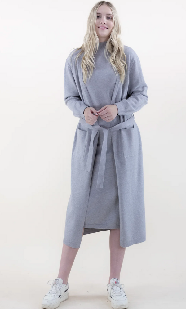 Belted Duster Cardigan With Pockets - Gray