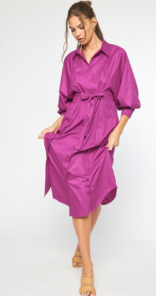 Beautiful Belted Button Down Shirt Dress With Bishop Sleeve - Orchid