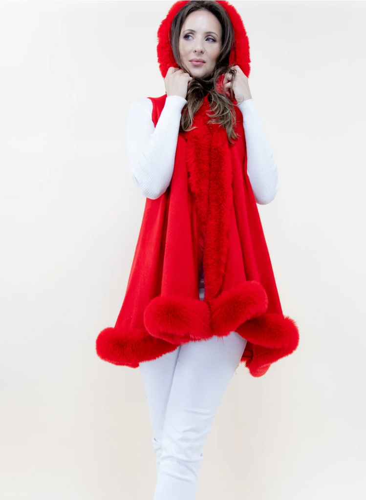 FairyTale Faux Fur Trimmed Sleeveless Vest With Hood - Red