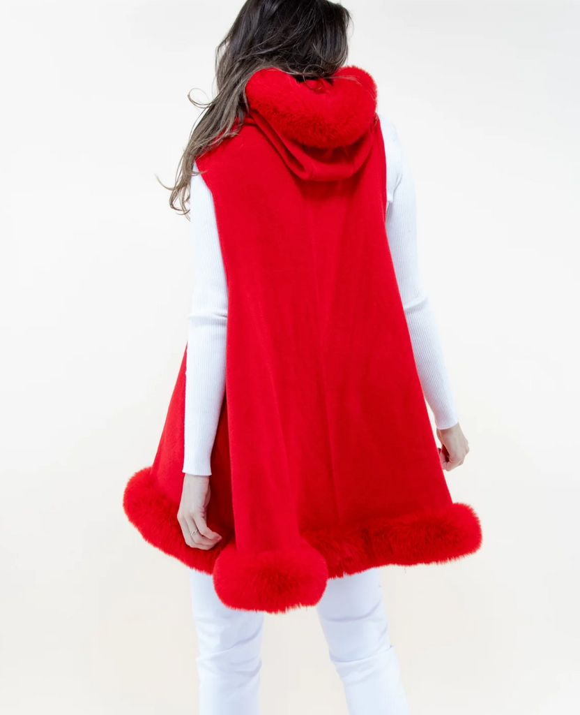FairyTale Faux Fur Trimmed Sleeveless Vest With Hood - Red