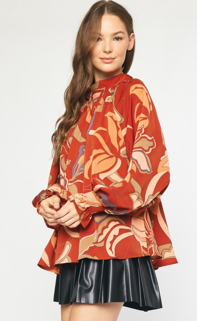 Floral And Flowy Long Sleeve Mock Neck Blouse - RUST