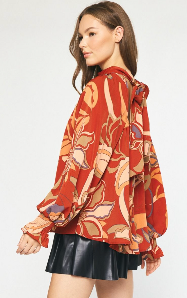 Floral And Flowy Long Sleeve Mock Neck Blouse - RUST