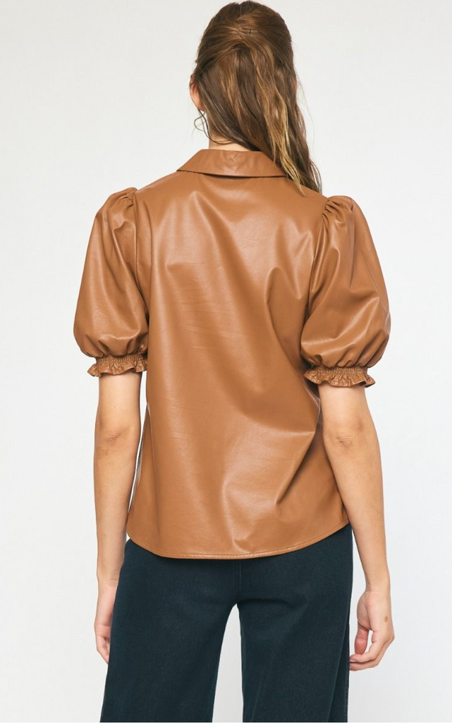 Brown Faux Leather Button Top