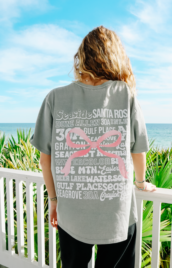 Places On 30A 2024 Pink Bow Tee (Gray)