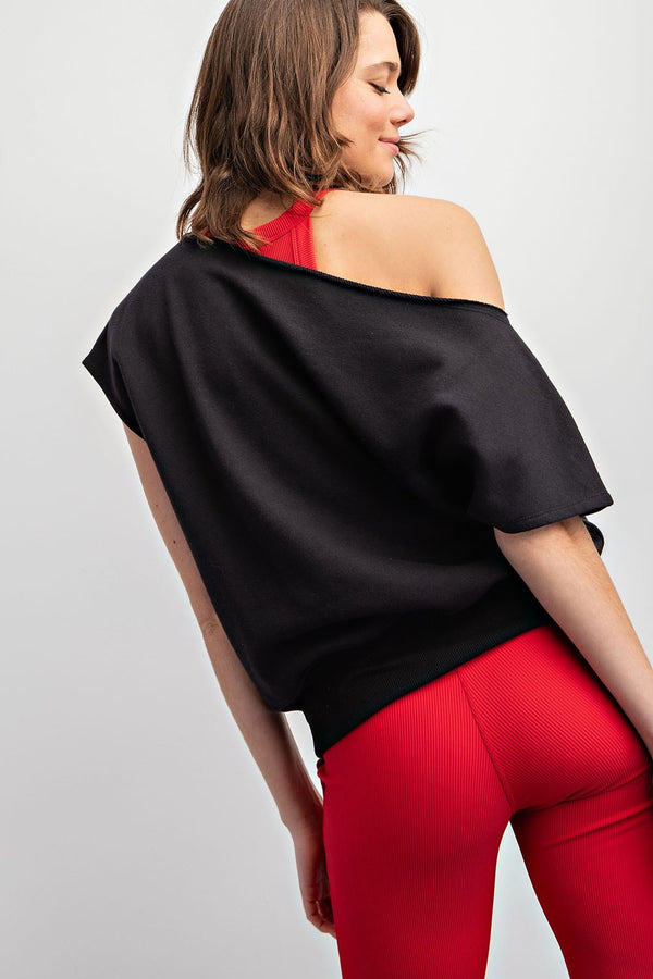 French Terry Off Shoulder Top - Black