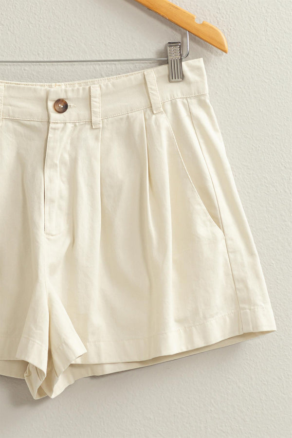 Pleated Shorts With Button Accent - Cream