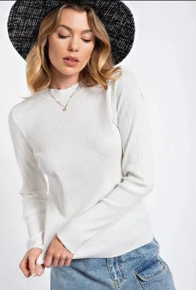 Long Sleeve Mineral Wash Mock Neck Top - White