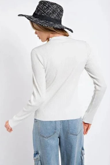 Long Sleeve Mineral Wash Mock Neck Top - White