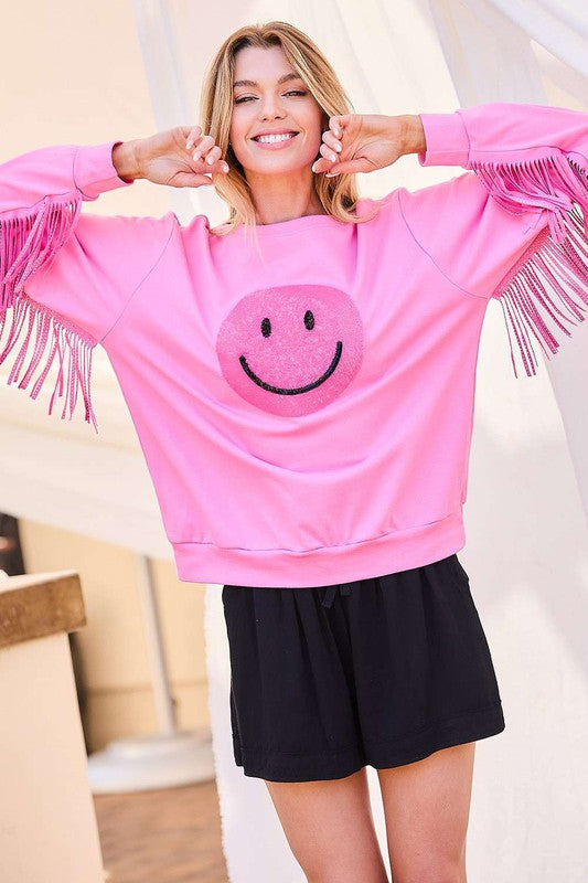 Smile Fringe Sweatshirt - Pink